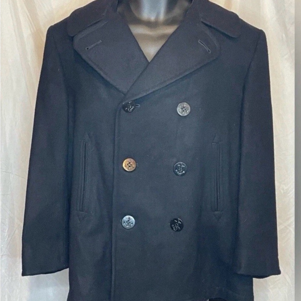 VTG US Navy Military Issued Wool Pea Coat Jacket Melton Men 40S Black